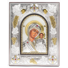 Казанська Ікона Божої Матері 14x18x3см в срібній прямокутній рамці з позолотою під склом