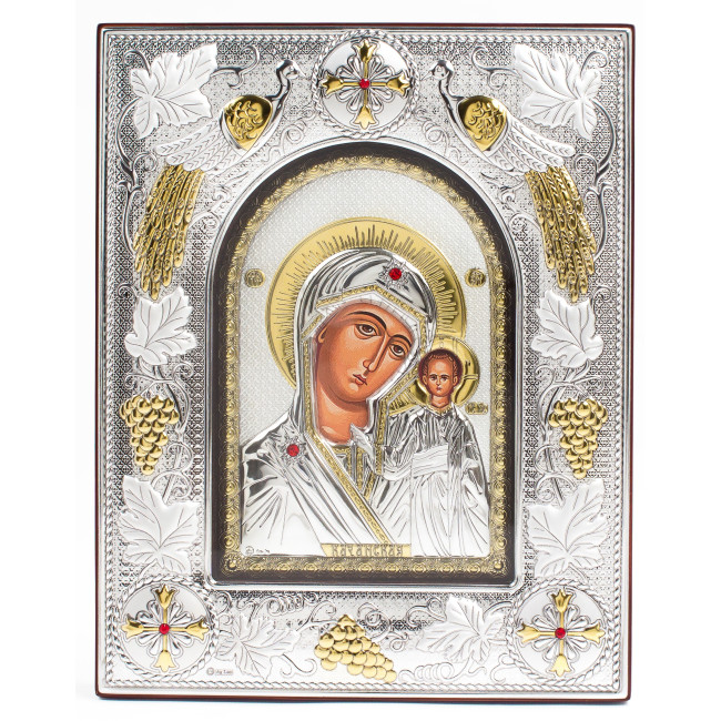 Казанська Ікона Божої Матері 14x18x3см в срібній прямокутній рамці з позолотою під склом