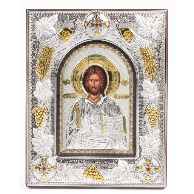 Икона Иисуса Христа 14x18x3см в серебряной прямоугольной рамке с позолотой под стеклом