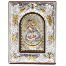 Остробрамська Ікона Божої Матері 14x18x3см в срібній прямокутній рамці з позолотою під склом