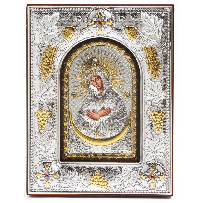 Остробрамська Ікона Божої Матері 14x18x3см в срібній прямокутній рамці з позолотою під склом