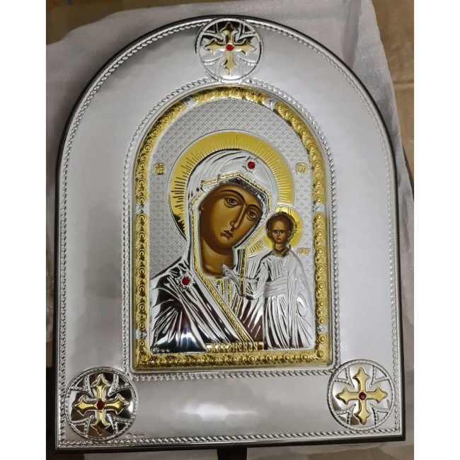 Казанська Ікона Божої Матері 20х25см аркової форми на коричневій шкірі