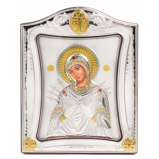 Семистрільна Ікона Божої Матері 20x25см під склом в срібні рамці MA/E3414/1X-K