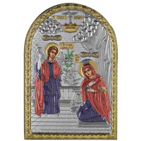Ікона Благовіщення Божої Матері 4,2х5,8см срібна на пластику прикрашена різнобарвною емалью