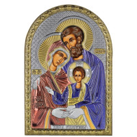 Икона Святое Семейство 5х7см серебряная на пластику украшена разноцветной эмалью