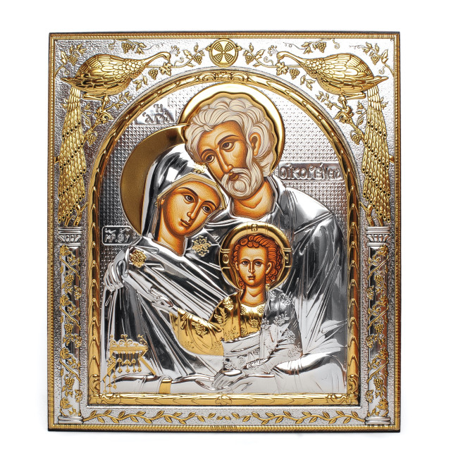 Икона Святое Семейство 27,5х31,2см в серебряном окладе с позолотой квадратной формы на дереве EP516-015XM/P