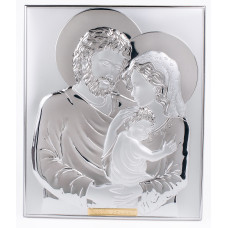 Ікона Святе Сімейство 7,5х8,5см срібна на білому дереві прямокутної форми без рамки