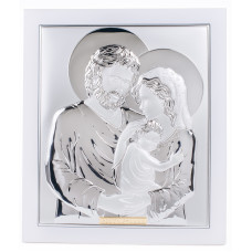 Ікона Святе Сімейство 19,5х21,9см срібна прямокутної форми на білому дереві з рамкою