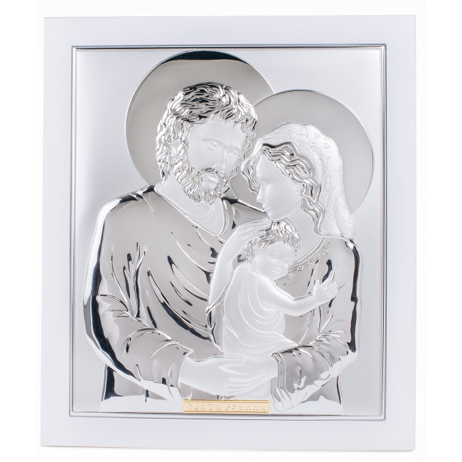 Икона Святое Семейство 19,5х21,9см серебряная прямоугольной формы на белом дереве с рамкой EP714-412XB-WH/S