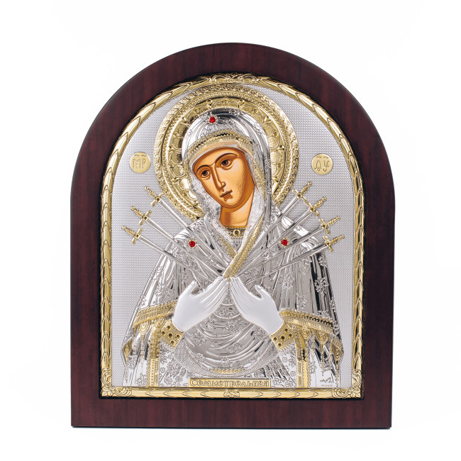Семистрельная Икона Божией Матери 26х31см в серебряном окладе с позолотой EK6-152XAG