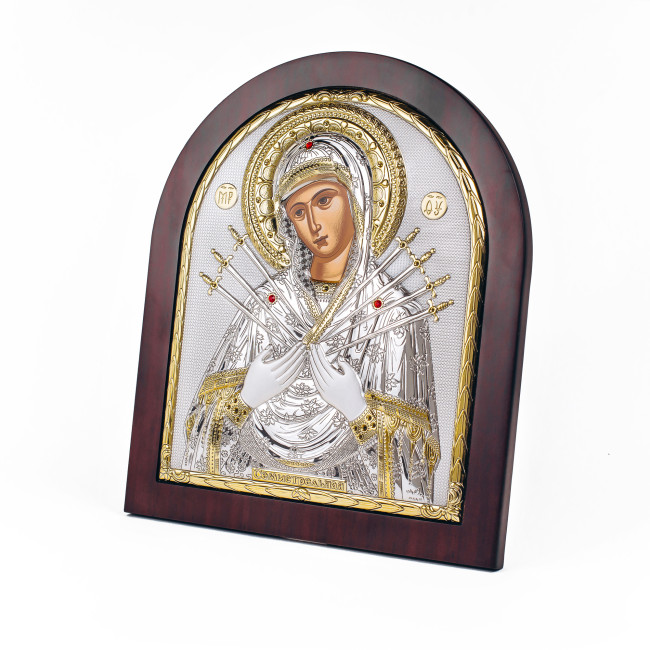 Семистрельная Икона Божией Матери 26х31см в серебряном окладе с позолотой EK6-152XAG