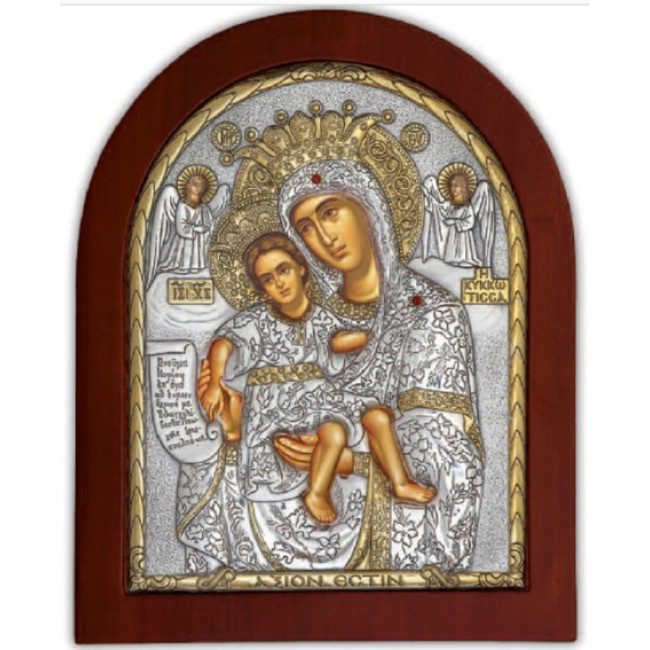 Ікона Милуюча Божа Матір Достойна є 15х19,6см в срібному окладі з позолотою EK4-022XAG