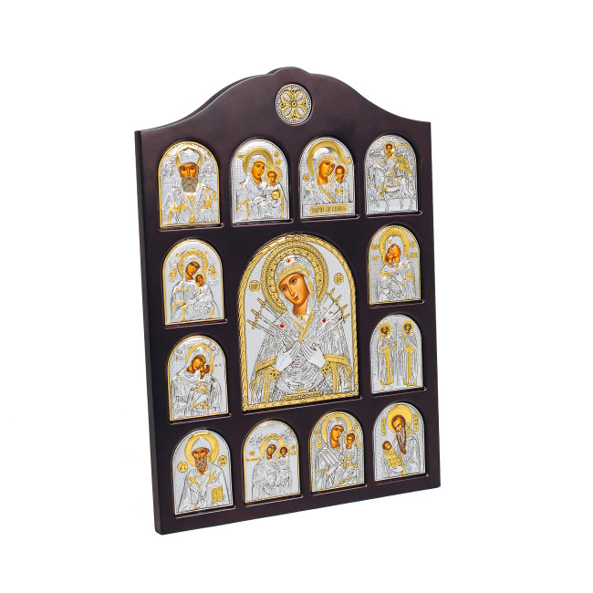 Іконостас Семистрільна Богородиця зі святами 28х42см в  срібному окладі на дереві PP4-152XAG