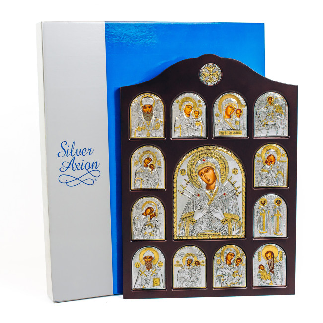 Іконостас Семистрільна Богородиця зі святами 28х42см в  срібному окладі на дереві PP4-152XAG