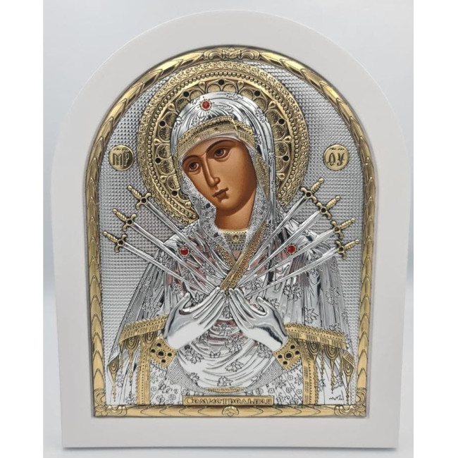 Семистрільна Ікона Божої Матері 20х25см аркової форми на білому дереві EP5-152XAG-WH/P