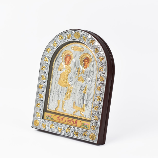Ікона Архангел Михаїл та Гавриїл 12х15,5см під склом аркової форми в шкірі EPZ3-033AG-BR/P