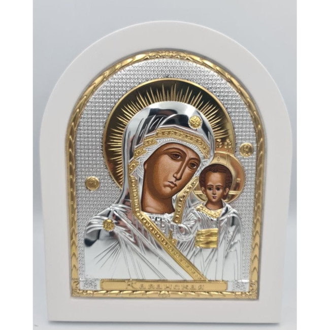 Казанська Ікона Божої Матері 14,7х18см аркової форми на білому дереві EP4-004XAG-WH/P