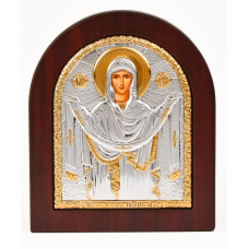 Ікона Покров Пресвятої Богородиці 11х13см срібна аркової форми в коричневому дереві