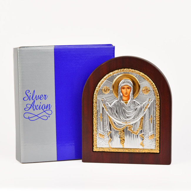 Ікона Покров Пресвятої Богородиці 11х13см срібна аркової форми в коричневому дереві EP3-192XAG/P
