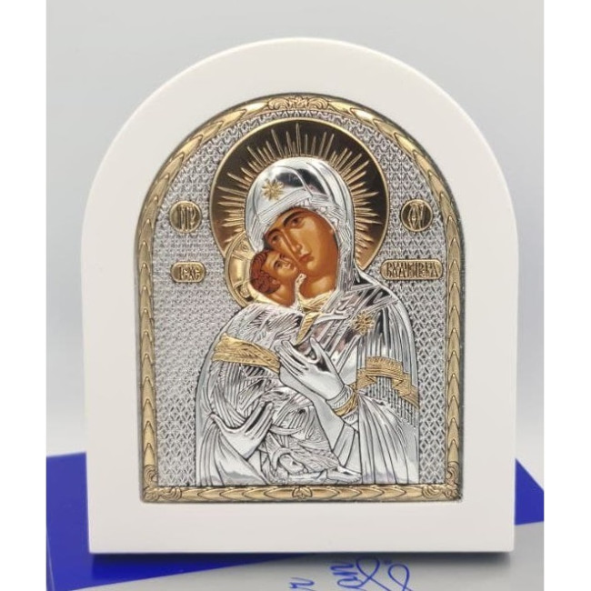 Вишгородська Ікона Божої Матері  11х13см аркової форми на білому дереві EP3-007XAG-WH/P