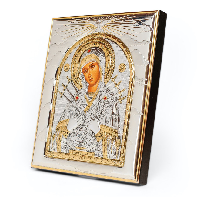 Семистрільна Ікона Божої Матері 8х9,3см прямокутної форми на дереві без рамки EP442-152XG/P