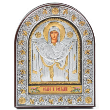 Ікона Покрови Богородиці 12х15,5см під склом аркової форми в шкірі