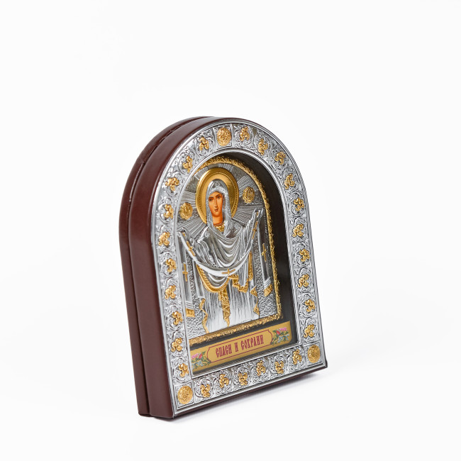 Ікона Покрови Богородиці 12х15,5см під склом аркової форми в шкірі EPZ3-192AG-BR/P