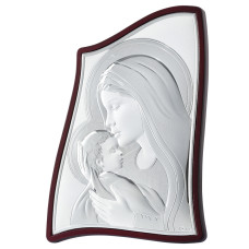 Срібна ікона "Марія з Немовлям" на дерев'яному кіоті хвилястої форми 28х20см