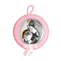 Детская серебряная иконка Марии с Младенцем d10,5см на розовой подушечке з музыкой