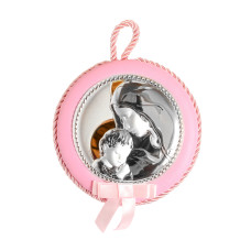 Дитяча срібна іконка Марії з Дитиною d10,5см на рожевій подушечці з музикою