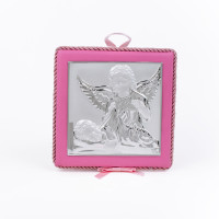 Серебрняная детская иконка Ангел Хранитель 14х14см на розовой подушечке с музыкой