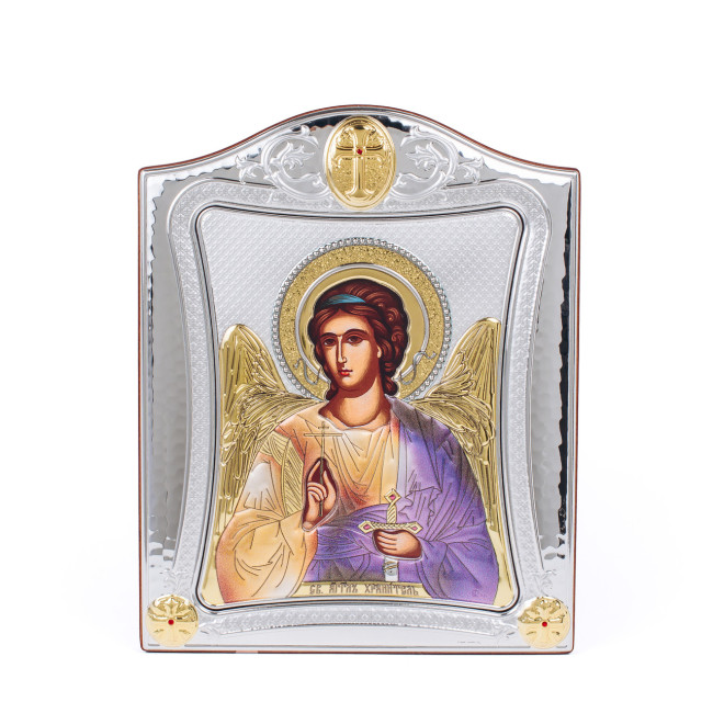 Срібна Ікона Ангел Хранитель 20х25см у срібній рамці, прикрашена позолотою з фіолетовою емаллю