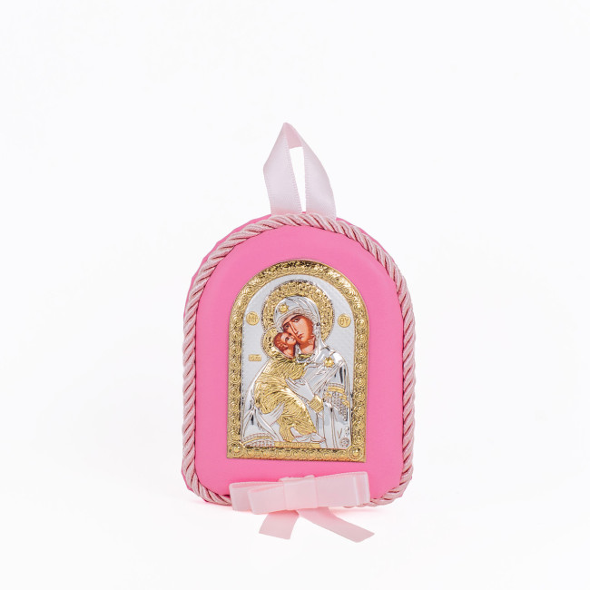 Серебряная детская иконка Владимирская Божья Матерь 7х9см на розовой подушечке для девочки