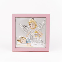 Детская Иконка Ангела Хранителя 11х11см в серебре, покрыта разноцветной эмалью, в розовом киоте