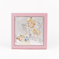 Дитяча Іконка Ангела Охоронця 11х11см у сріблі, вкрита різнобарвною емаллю, в рожевому кіоті