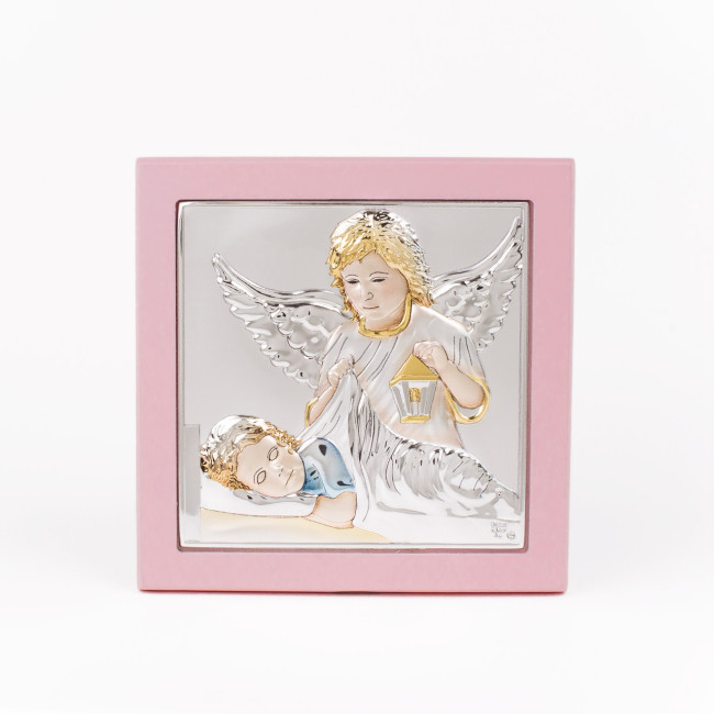 Детская Иконка Ангела Хранителя 11х11см в серебре, покрыта разноцветной эмалью, в розовом киоте