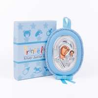 Серебряная детская иконка Казанская Божья Матерь 10х12,5см на синей подушечке для мальчика