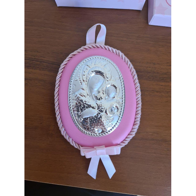 Детская Иконка на розовой подушечке  Божья Матерь Вифлеемская 10х12,5см в серебре