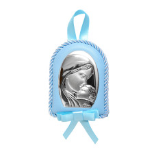 Серебрняная детская иконка 7х9см на синей подушечке