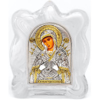 Ікона посріблена Семистрільна Божа Мати в білому муранському склі 7х9см