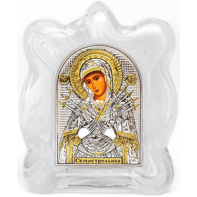 Ікона посріблена Семистрільна Божа Мати в білому муранському склі 7х9см