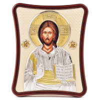 Срібна ікона Спаситель Ісус 12х15см на фоні, прикрашена сусальним золотом