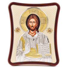 Срібна ікона Спаситель Ісус 12х15см на фоні, прикрашена сусальним золотом