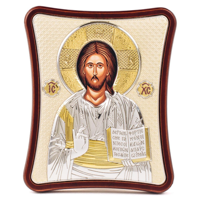Срібна ікона Спаситель Ісус 12х15см на фоні, прикрашена сусальним золотом