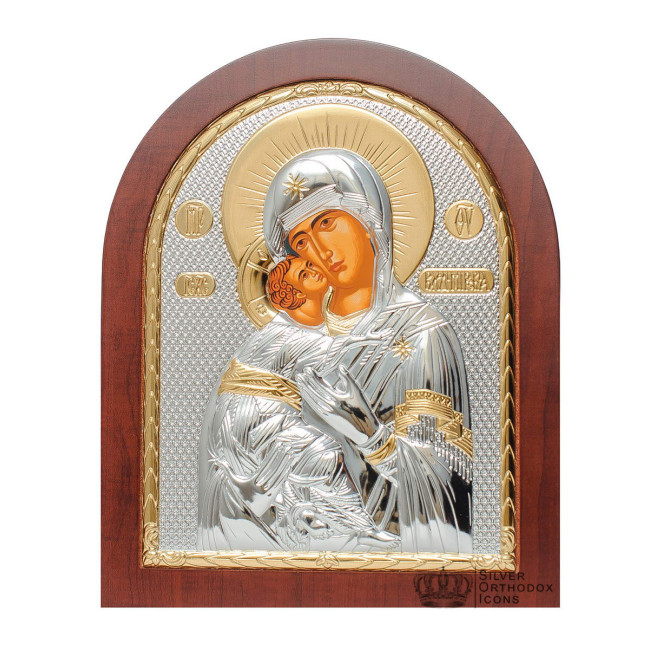 Срібна Ікона Вишгородської (Володимирської) Божої Матері 5,2х6,8см арочної форми на дереві з рамкою EP1-007XAG/P