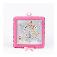 Серебряная детская иконка Ангел Хранитель 14х14см на розовой подушечке с музыкой покрытый эмалью