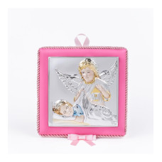 Срібна дитяча іконка Ангел Хранитель 14х14см на рожевій подушечці з музикою, вкрита емаллю