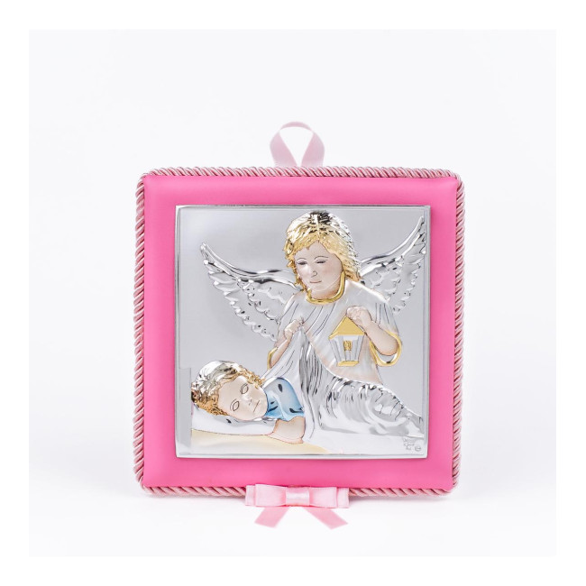 Срібна дитяча іконка Ангел Хранитель 14х14см на рожевій подушечці з музикою, вкрита емаллю