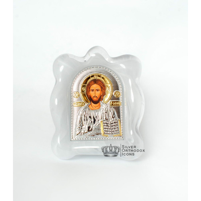Серебряная Икона Спаситель Христос  в блеом муранском стекле 7х9см