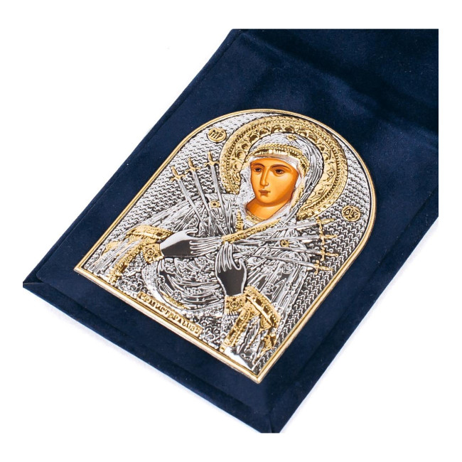 Ікона-складень Семистрільна 3,8х5,3см, срібна в оксамитовій книжечці